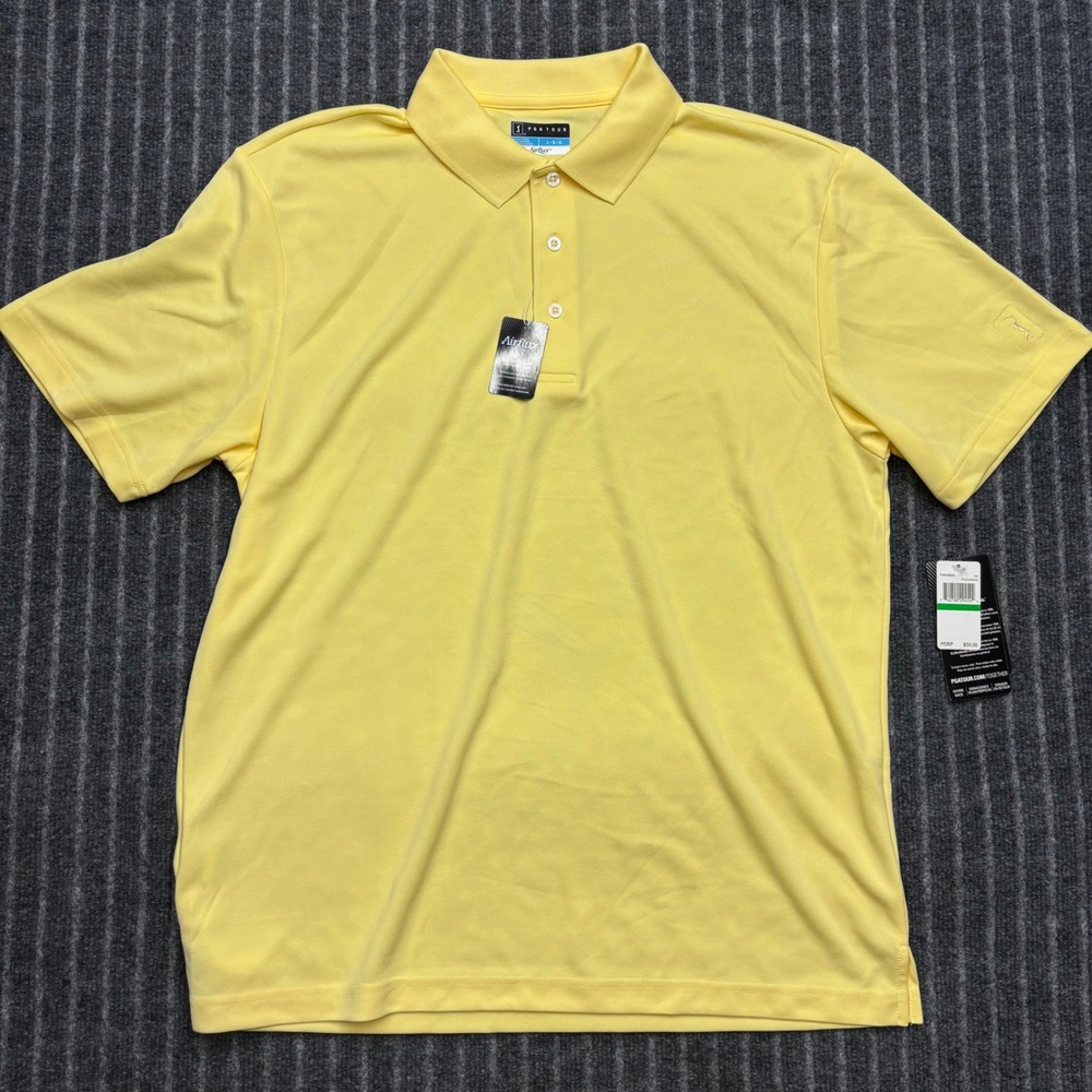 PGA Tour Mens Airflux Mesh Polo Shirt Large Yellow Short Sleeve Performance Golf